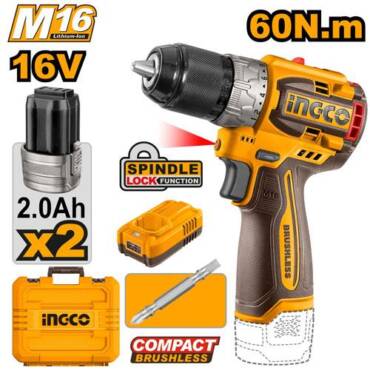 INGCO TALADRO DE ROTACIÓN  M1/2 16V 60NM  2000RPM  BRUSHLESS INCLUYE 2 BATERIAS Y CARGADOR UCDLI16682