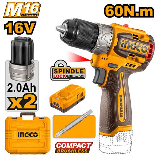 INGCO TALADRO DE ROTACIÓN  M1/2 16V 60NM  2000RPM  BRUSHLESS INCLUYE 2 BATERIAS Y CARGADOR UCDLI16682