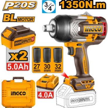 INGCO LLAVE DE IMPACTO M3/4 20V 1350NM 1800RPM BRUSHLESS INCLUYE 2 BATERIAS Y CARGADOR UCIWLI20135