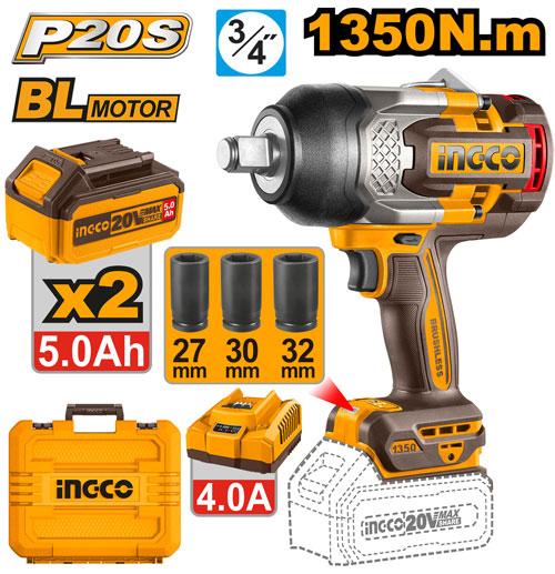 INGCO LLAVE DE IMPACTO M3/4 20V 1350NM 1800RPM BRUSHLESS INCLUYE 2 BATERIAS Y CARGADOR UCIWLI20135
