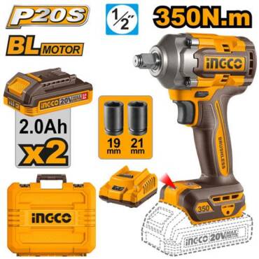 INGCO LLAVE DE IMPACTO M1/2 20V 350NM 2300RPM BRUSHLESS INCLUYE 2 BATERIAS Y CARGADOR UCIWLI2035