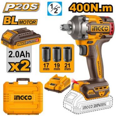 INGCO LLAVE DE IMPACTO M1/2 20V 400NM  2300RPM BRUSHLESS INCLUYE 2 BATERIAS Y CARGADOR UCIWLI2040