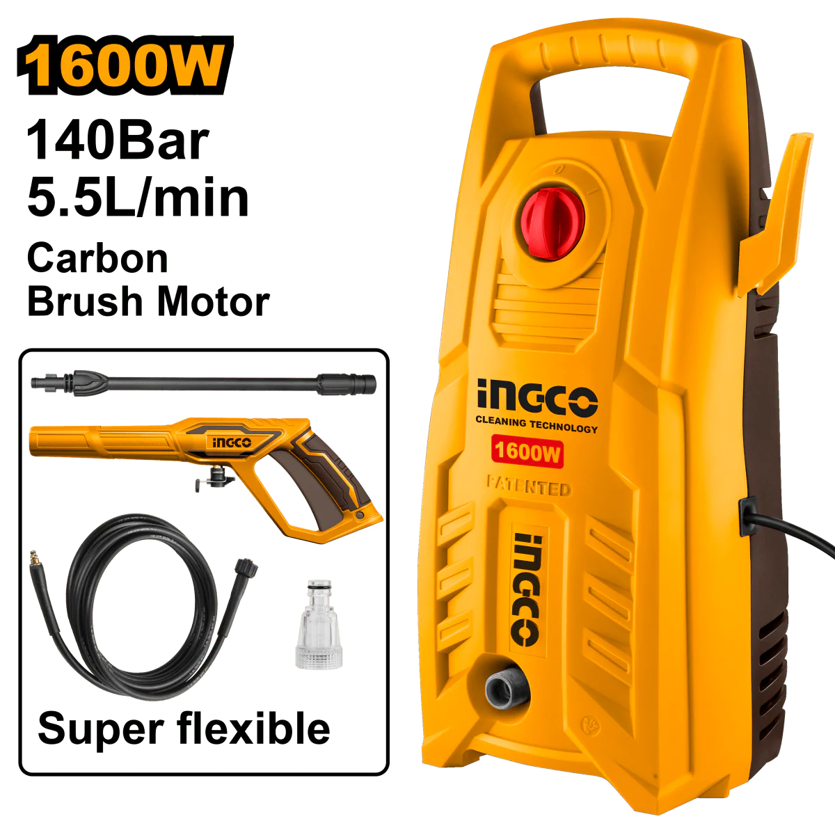 INGCO HIDROLAVADORA 110V 1600W 2030 PSI 5,5L/MIN UHPWR16008