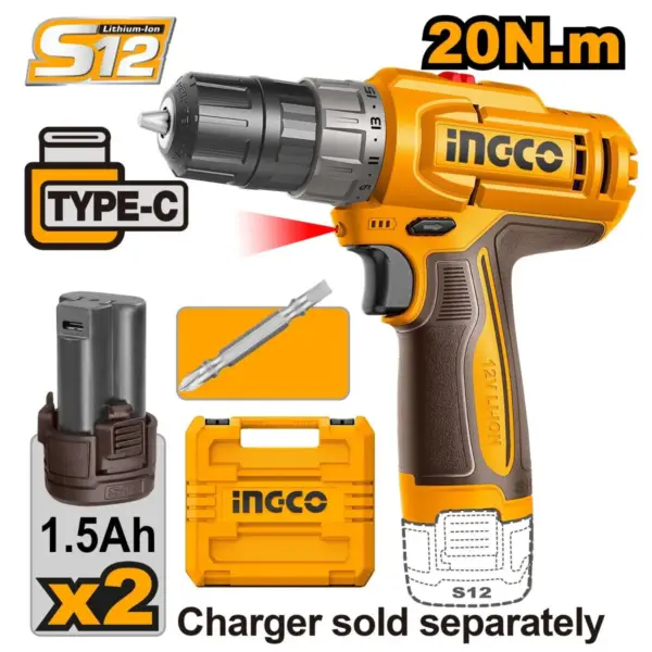 INGCO TALADRO DE ROTACIÓN M3/8 12V 20NM 750RPM INCLUYE BATERIA CDLI12428
