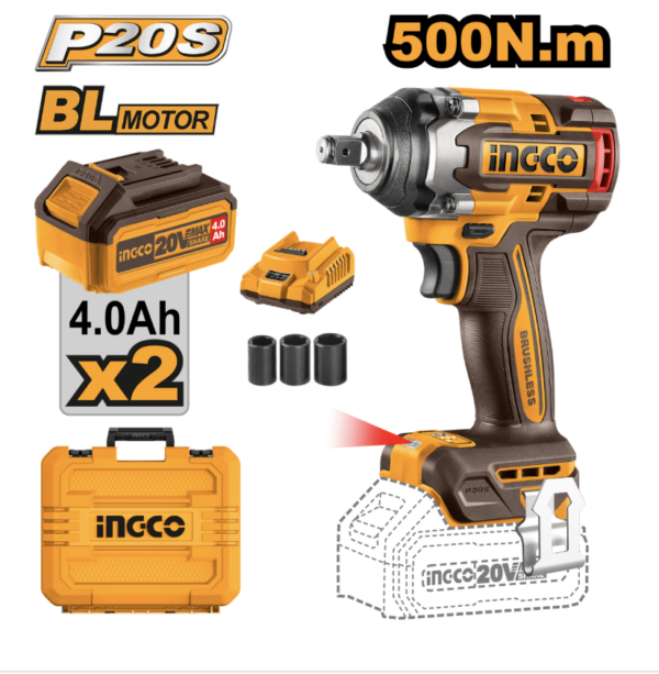 INGCO LLAVE DE IMPACTO M1/2 20V 500NM 2300RPM BRUSHLESS INCLUYE 2 BATERIAS Y CARGADOR UCIWLI2050