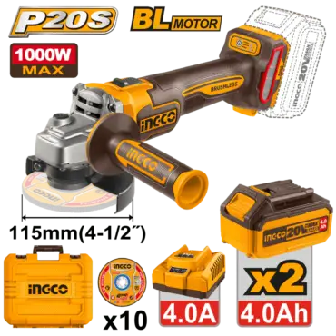 INGCO PULIDORA INALAMBRICA 20V 4 1/2 VVR INCLUYE 10 DISCOS 2 BATERIAS 4AH Y CARGADOR UCAGLI271532