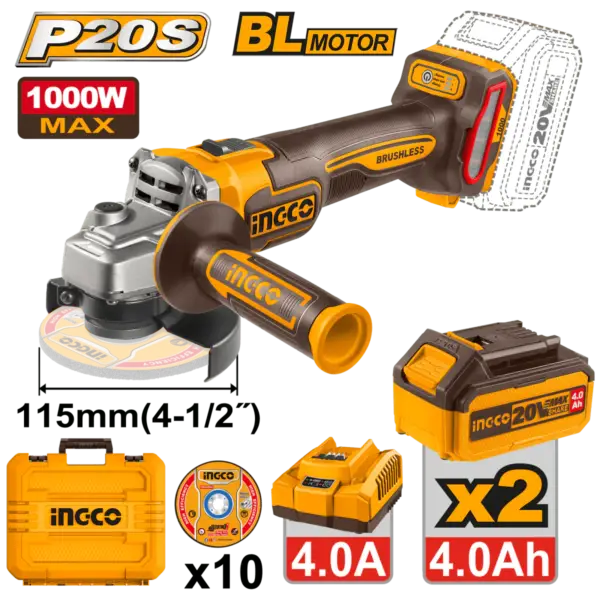 INGCO PULIDORA INALAMBRICA 20V 4 1/2 VVR INCLUYE 10 DISCOS 2 BATERIAS 4AH Y CARGADOR UCAGLI271532