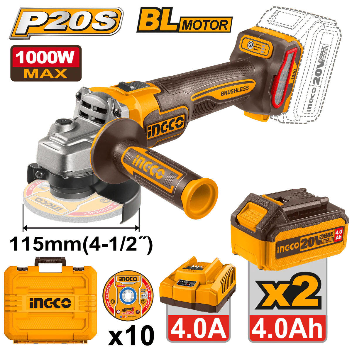 INGCO PULIDORA INALAMBRICA 20V 4 1/2 VVR INCLUYE 10 DISCOS 2 BATERIAS 4AH Y CARGADOR UCAGLI271532
