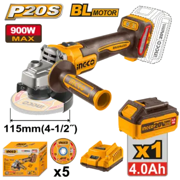 INGCO PULIDORA INALAMBRICA 20V 4 1/2 VVR INCLUYE 5 DISCOS 1 BATERIA 4AH Y CARGADOR UCAGLI261521