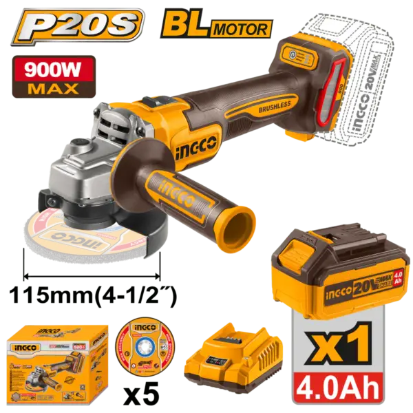 INGCO PULIDORA INALAMBRICA 20V 4 1/2 VVR INCLUYE 5 DISCOS 1 BATERIA 4AH Y CARGADOR UCAGLI261521