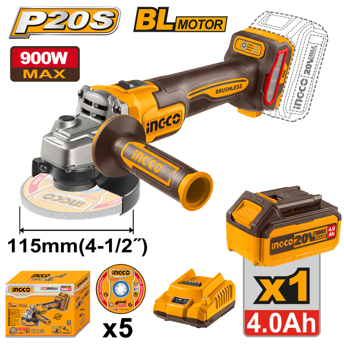 INGCO PULIDORA INALAMBRICA 20V 4 1/2 VVR INCLUYE 5 DISCOS 1 BATERIA 4AH Y CARGADOR UCAGLI261521