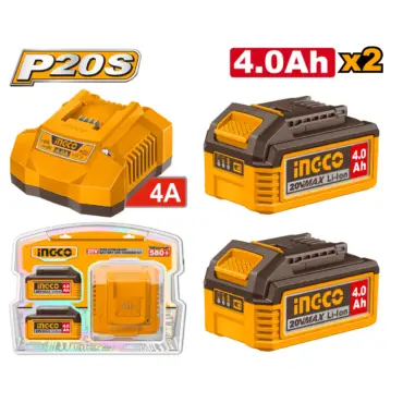 INGCO SET BATERIA ION LITIO 20V 4,0AH 2PCS MAS CARGADOR UFBCPK2013