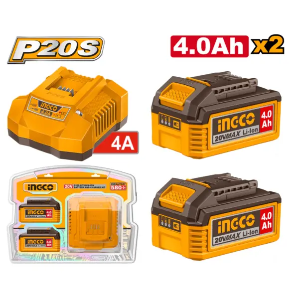 INGCO SET BATERIA ION LITIO 20V 4,0AH 2PCS MAS CARGADOR UFBCPK2013
