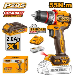 INGCO TALADRO DE ROTACIÓN  M1/2 20V 55NM  2000RPM BRUSHLESS INCLUYE BATERIA CARGADOR Y ACCESORIOS UCDLI205582