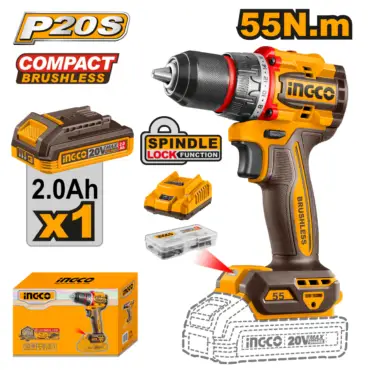 INGCO TALADRO DE ROTACIÓN  M1/2 20V 55NM  2000RPM BRUSHLESS INCLUYE BATERIA CARGADOR Y ACCESORIOS UCDLI205582