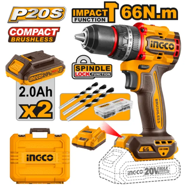 INGCO TALADRO IMPACTO M1/2 20V 66NM UCIDLI20668 CAJA X 5 UNDS